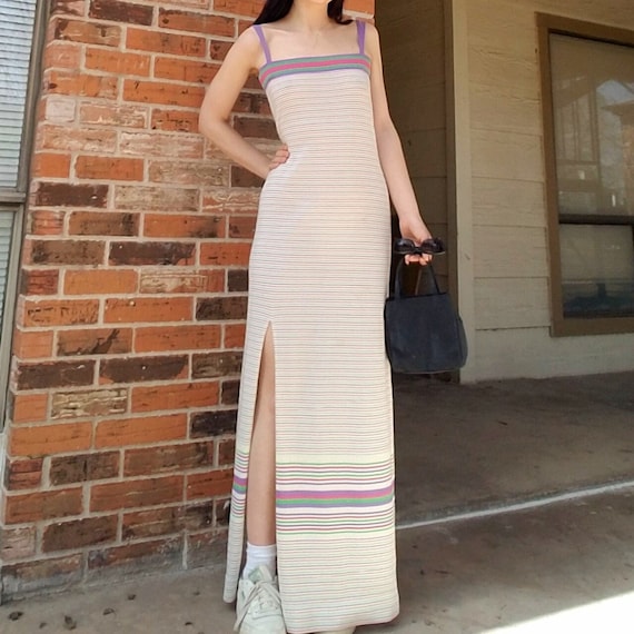 Vintage 60's or 70's colorful striped maxi dress … - image 1