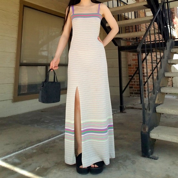 Vintage 60's or 70's colorful striped maxi dress … - image 3