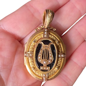 Antique French 18K Yellow Gold Seed Pearl & Onyx Locket Pendant