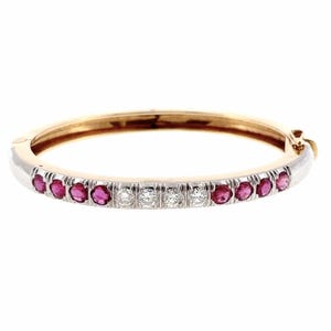 Vintage 14k Gold Ruby and Diamond Hinged Bangle Bracelet