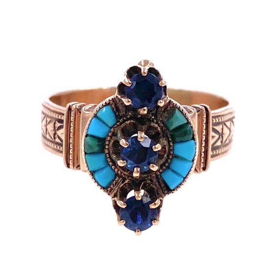 Victorian Turquoise & Sapphire 14K Rose Gold Ring 