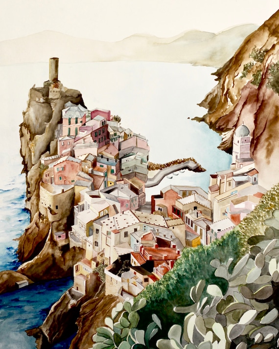 PRINT-Italian Landscape Watercolor-Cinque Terre-Wall Art