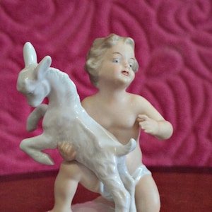 Vintage WALLENDORF German Porcelain Figurine, Kneeling Cherub With Goat