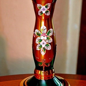 Vintage Czech Bohemian Glass Candlestick Emerald Green Hand Painted