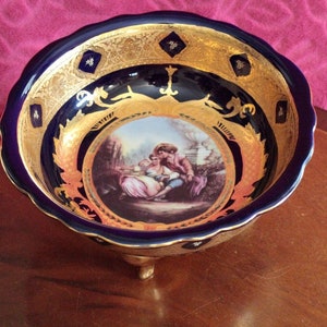 Antique 19th Century German Cobalt Blue and Gold Footed Porcelain Dish