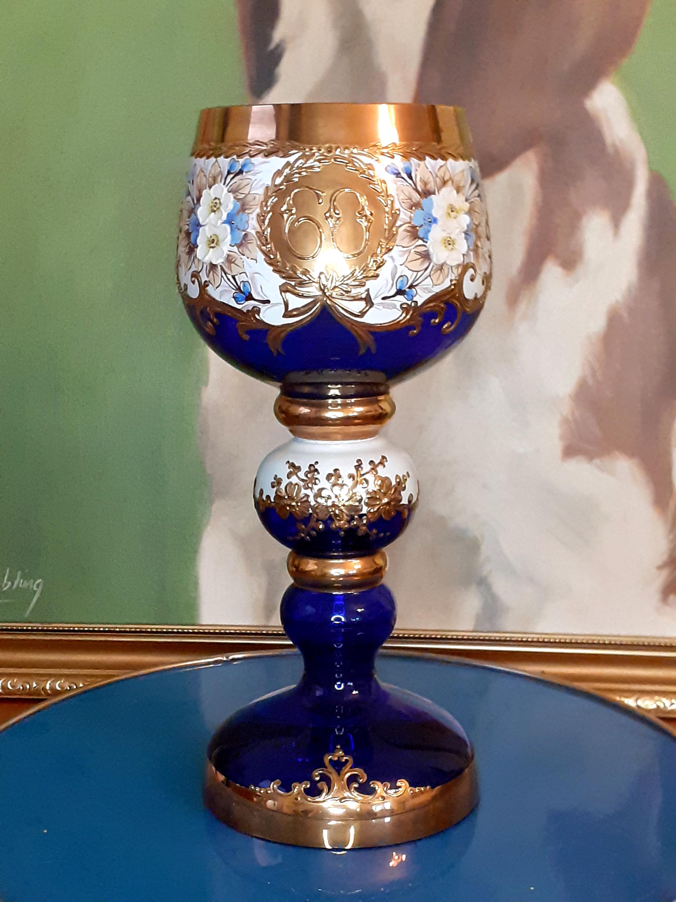 Vintage Moser Bohemia Hand Painted & Gilded Large Glass Goblet