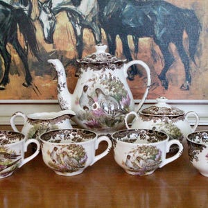 Könnte beinhalten: Ein Set aus vintage feinem Knochenporzellan-Teetassen und Teekanne mit einem braunen und weißen Blumenmuster mit Vögeln. Das Set beinhaltet eine Teekanne, eine Milchkännchen, eine Zuckerdose und sechs Teetassen.