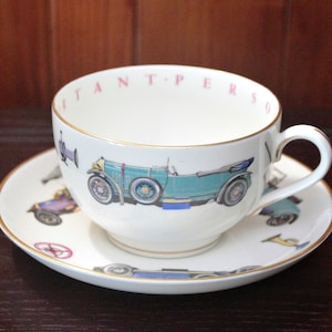 English Royal Worcester Porcelain Tea Cup with Saucer with Antique Cars