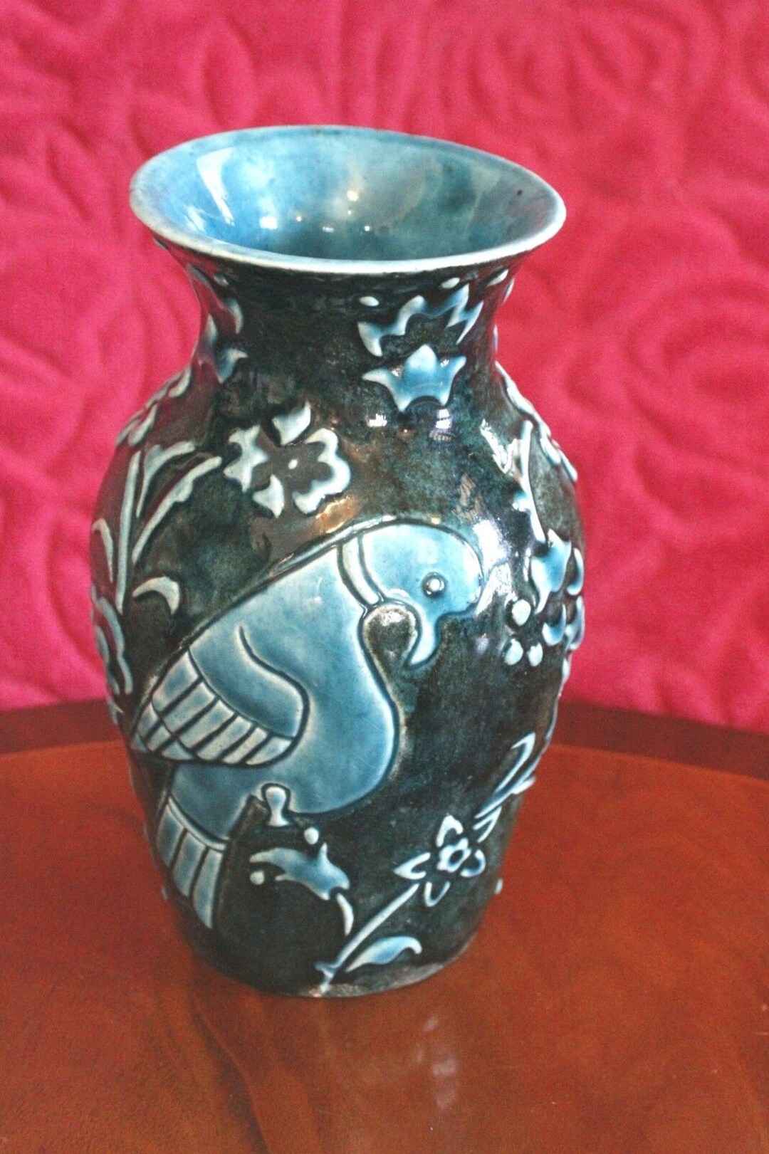 Antique Turquoise Stoneware Vase With Bird Decoration - Etsy