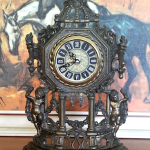 Vintage German Quartz Battery Powered Bronzed Metal Mantel Clock