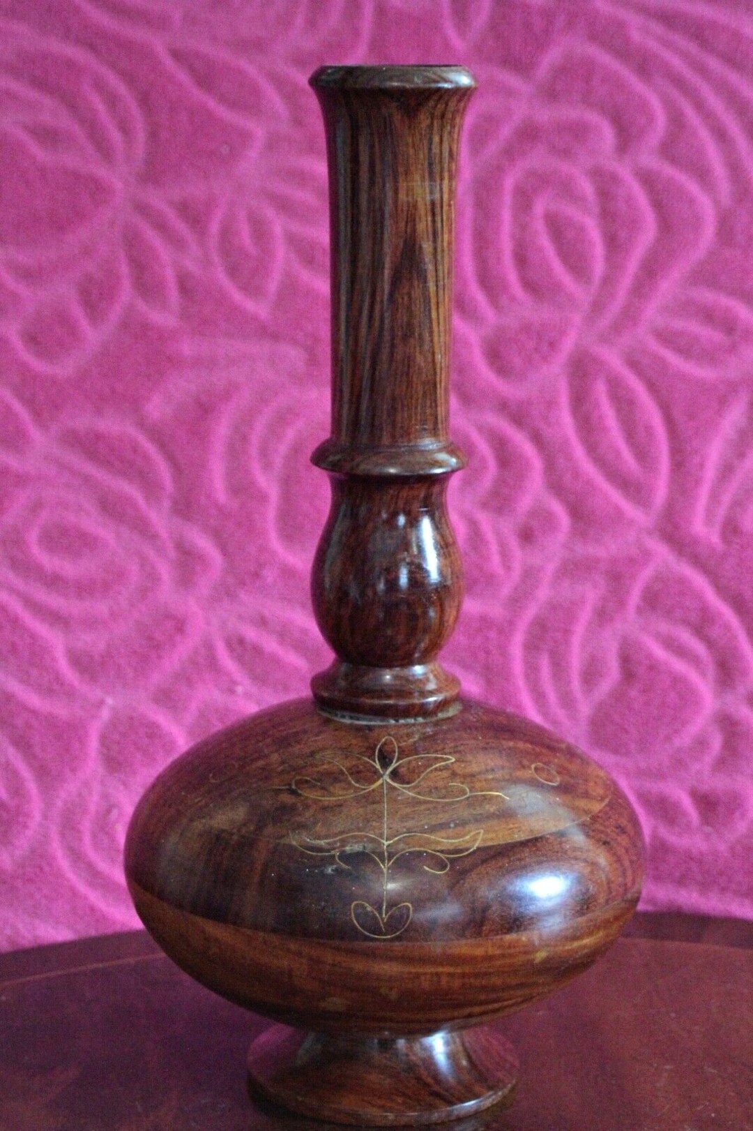 Vintage Solid Wood Vase With Brass Inlay Etsy