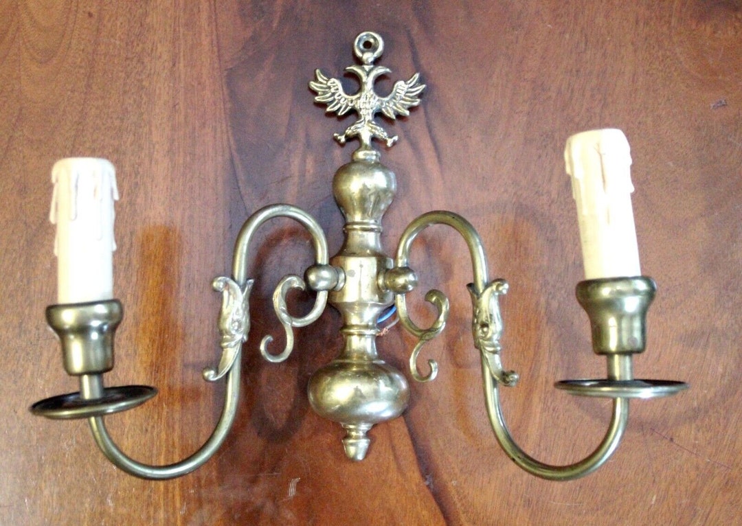 Vintage Dutch Flemish Brass Wall Lights With Two-headed Eagle, Fish ...