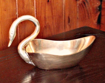 Vintage Brass Swan Trinket Dish Figurine with Silver Decoration