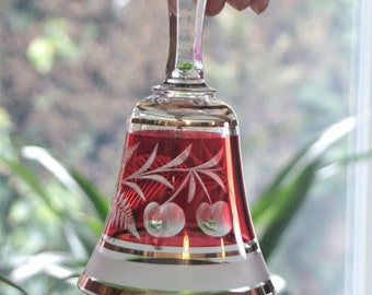 Vintage Bohemian Cranberry Red Cut Crystal Etched Floral Cherry Glass Bell