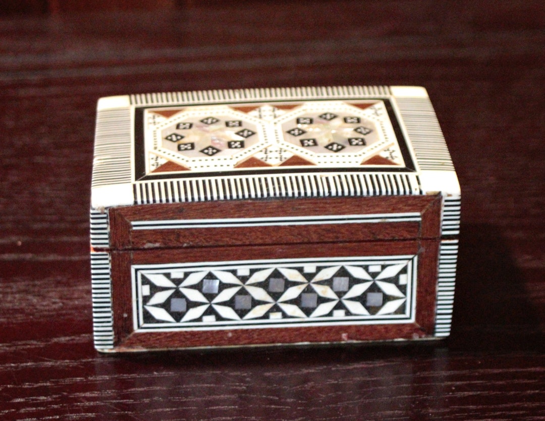 Vintage Wooden Decorative Jewellery Box With Bone and Mother of Pearl ...