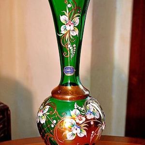 Vintage Large Czech Bohemian Glass Vase Emerald Green Hand Painted