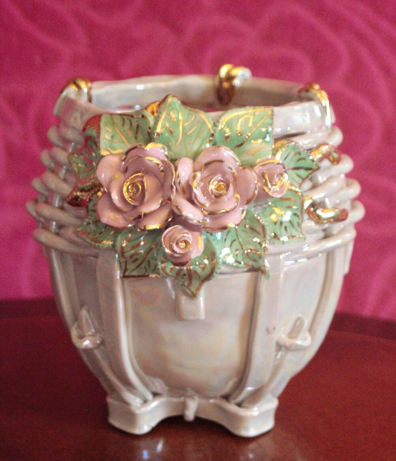 Vintage Majolica Hand Painted Lustre Ceramic Vase