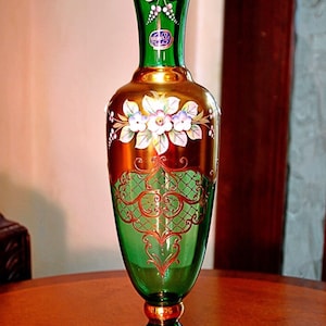 Vintage Large Czech Bohemian Glass Vase Emerald Green Hand Painted