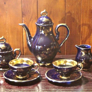 Service à café bleu royal antique en porcelaine pour 2 personnes, France
