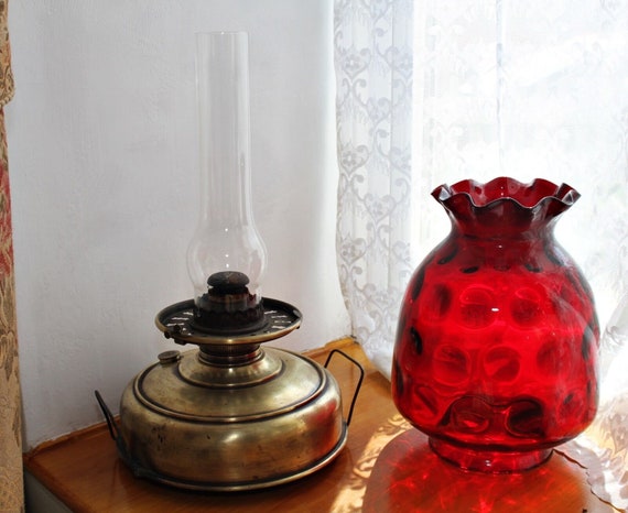 Antique Victorian Oil Kerosene Heater Lamp With Large Cranberry