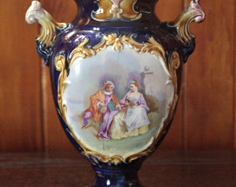 Antique Art Nouveau English Royal Blue Ceramic Vase, 19th Century