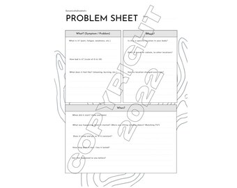 以下が含まれることがあります： 「Problem Sheet」というタイトルの白黒の印刷可能な問題シート。シートは、「What」、「Where」、「When」というラベルの付いたセクションに分けられています。各セクションには、問題を特定して理解するのに役立つ一連の質問があります。