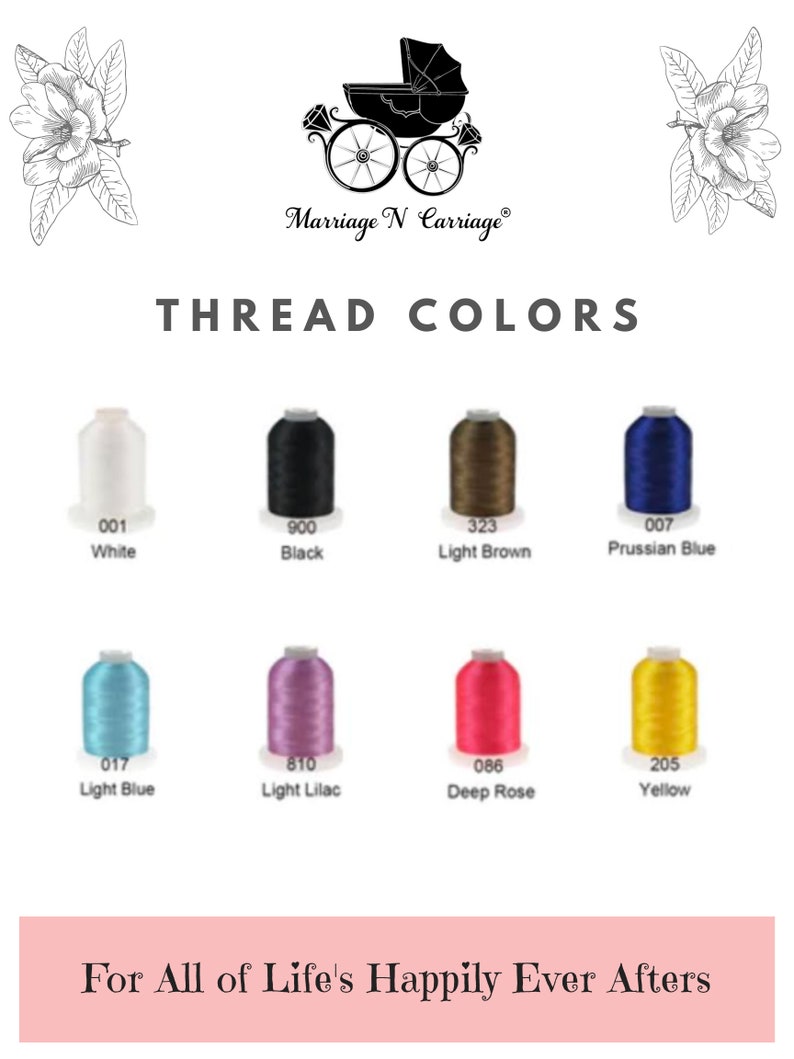 Peut inclure: Un tableau pr&eacute;sentant des couleurs de fils pour la broderie. Les couleurs incluent le blanc, le noir, le brun clair, le bleu de Prusse, le bleu clair, le lilas clair, le rose fonc&eacute; et le jaune. Le tableau est intitul&eacute; "THREAD COLORS" et porte le texte "Marriage N Carriage" au-dessus du titre. Le texte "For All of Life's Happily Ever Afters" se trouve en bas du tableau.