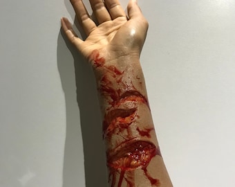 May include: A close-up of a human arm with multiple deep lacerations and simulated blood. The arm is positioned against a plain white background, with the hand extended.