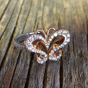 Einzigartiger Diamant Schmetterlingsring, Frauenversprechenring, 18k rosa weißer Ring, Statementring, Jahrestagsgeschenk, Art-Deco-Vintage-Stil .. Bild 5