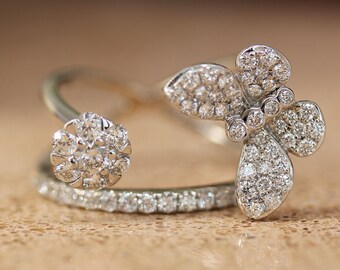 Anillo de mariposa, anillo de diamantes, anillo de compromiso único, joyería de mariposa de oro blanco, regalo de aniversario, joyería de declaración de mujer única