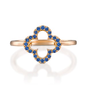 Sapphire flower engagement ring Gold Lucky Love Ring, , Lucky Clover Blue sapphire Ring, Floral Unique, September birthstone, ring for her