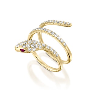 Yellow Gold Snake Diamond ring,  Pave diamond snake ring,  gold ring, ruby and diamonds