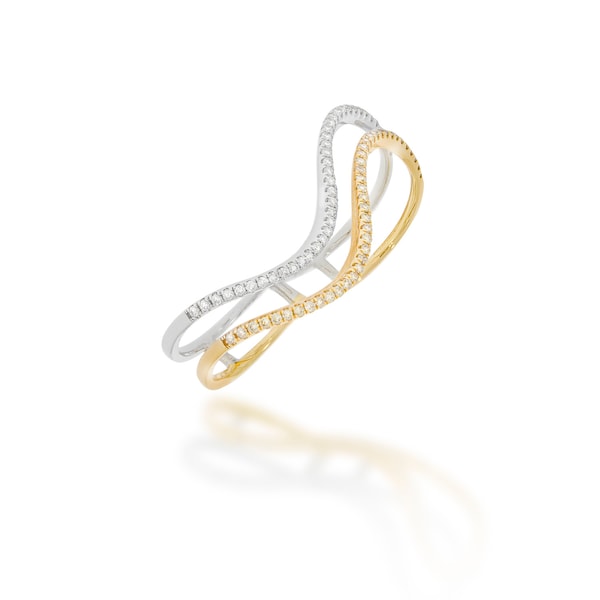 18k Unique Two-Finger Diamond Ring,  Double Finger Diamond 2 Tone Ring: 18k White & Rose Gold, Double Wave set with 0.61 carat Diamonds