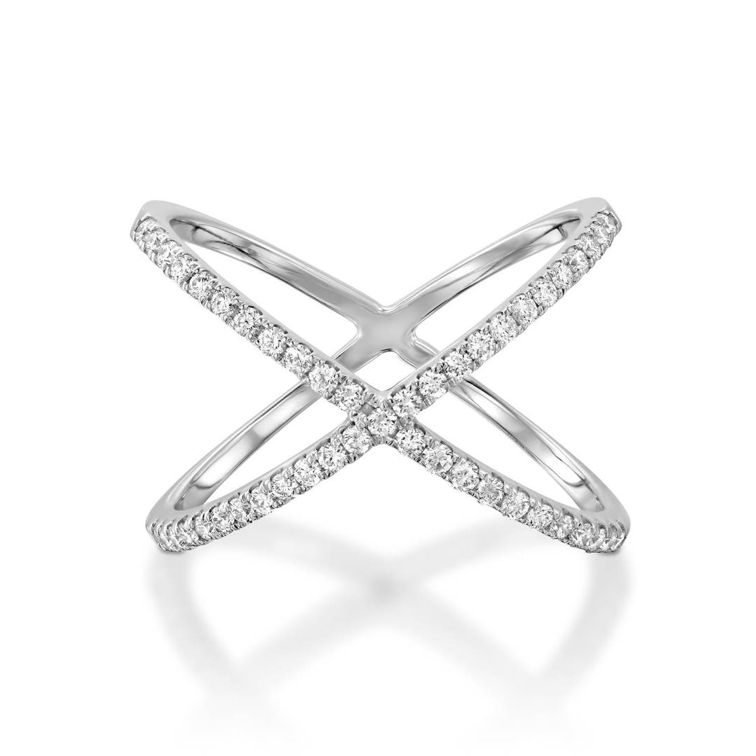 X Diamond Ring, White Gold Diamond Ring, Modern Ring, Crossing Ring, X ...