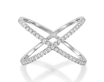 X Diamond Ring, White Gold Diamond Ring, Modern Ring, Crossing Ring, X Gold Ring, Criss Cross ring, Anniversary Ring Trendy Rings