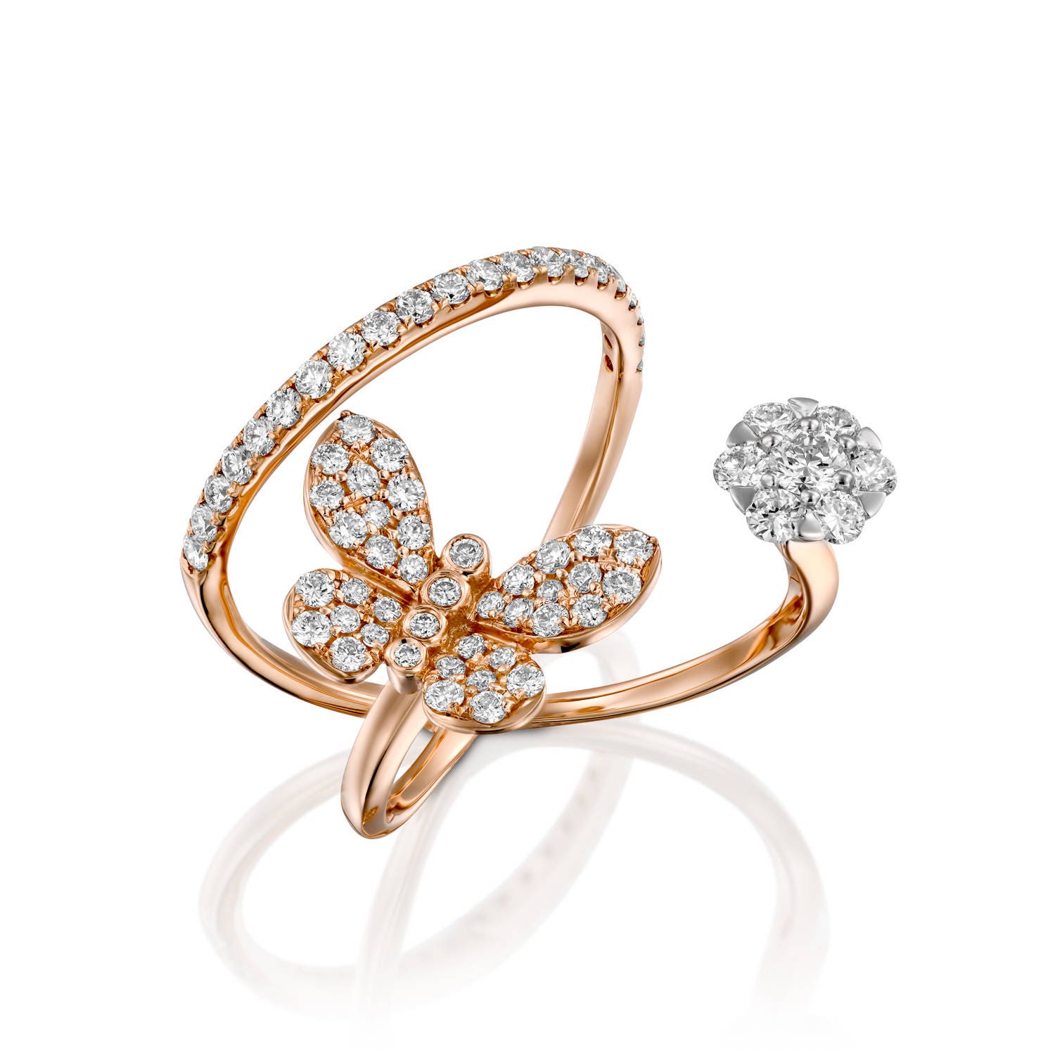 Flowers Rings Firefly Butterfly and Flower Diamond Ring Rose Gold Ring Infinity Pave Women ...