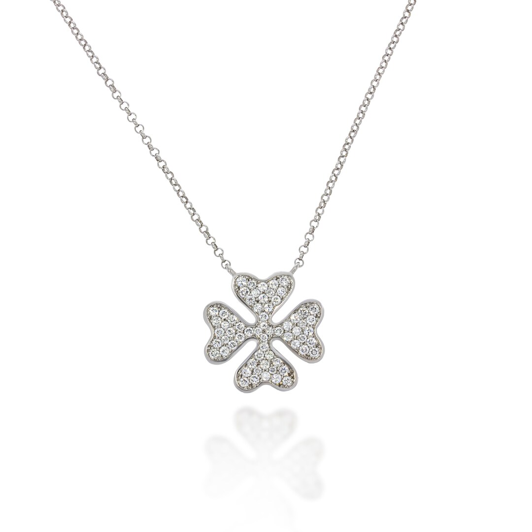 Clover Necklace 18K White Gold Chain, Diamonds Pave Clover Design ...
