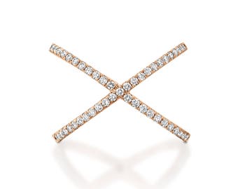 Rose Gold X Diamond Ring, Criss Cross Ring, Connected Ring