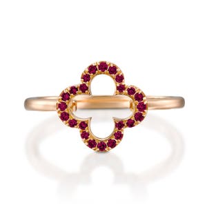 Gold ring, Clover ring, Ruby ring, promise ring, anniversary gift for women
