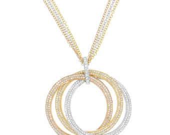 Interlocking 3 big Circles Pendants Necklace, each circle has a different gold color and each circle decorated with diamonds circle.