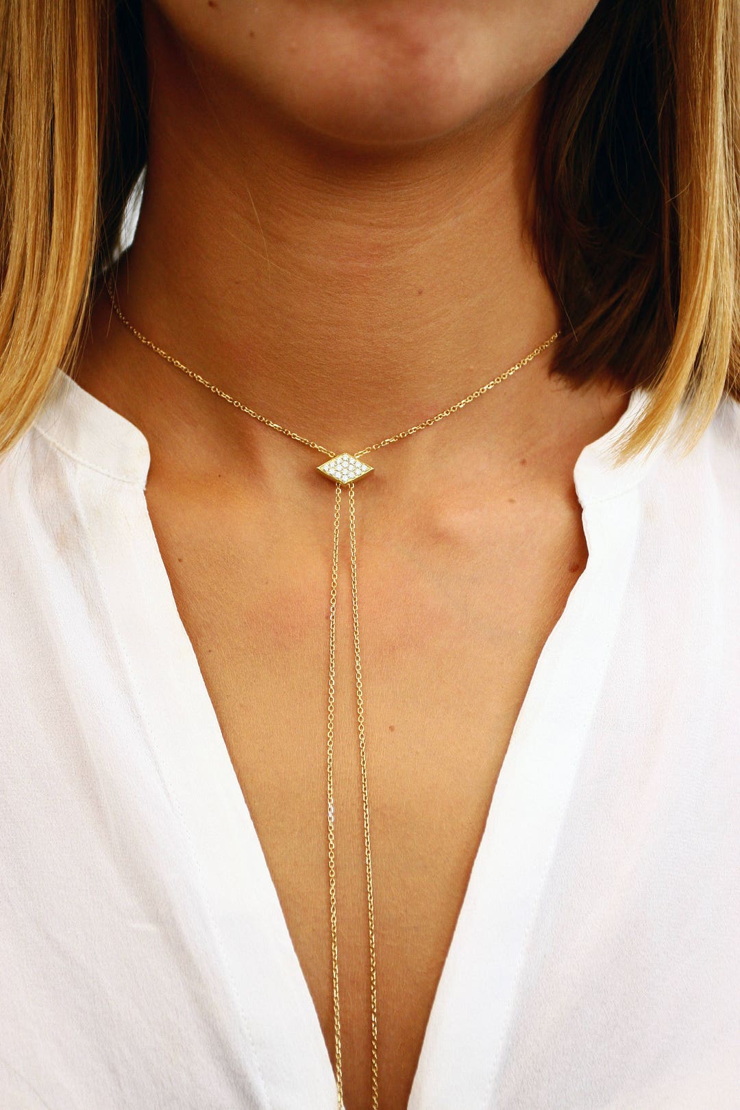 Gold Lariat Necklace, Y Necklace, Diamond Tie Necklace , Tassel Necklace, Single Strand Lariat