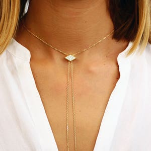 Gold Lariat Necklace, Y Necklace, Diamond tie necklace, Tassel Necklace, Single Strand Lariat Necklace, Layering Necklace, 18k Yellow Gold
