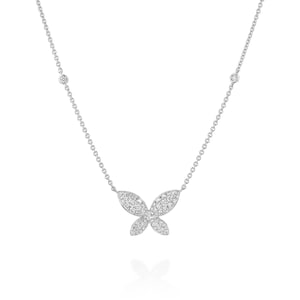 May include: A delicate silver chain necklace with a sparkling diamond butterfly pendant. The chain features two small diamond accents.