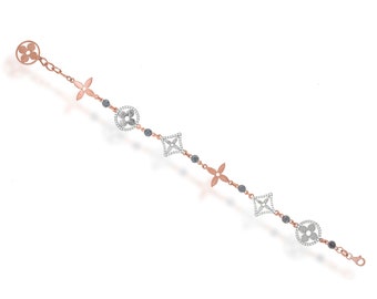 Unique bracelet made with two gold color - Rose gold and white gold | 6 black diamond & 112 rounds diamonds | flower bracelet.