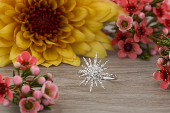 0.33 Carat star diamond ring, 18k white gold ring, starfish ring . flower ring, dainty diamond ring , fine jewelry ring