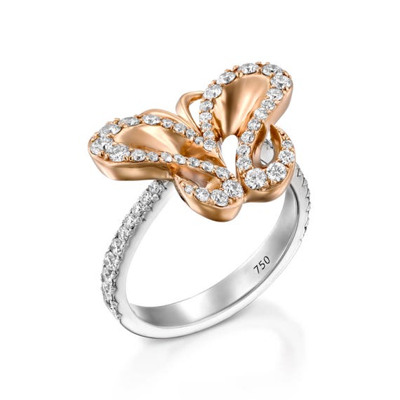 Unique diamond Butterfly Ring, women promise ring, 18k rose & white ring, statement ring, anniversary gift, art deco vintage style..