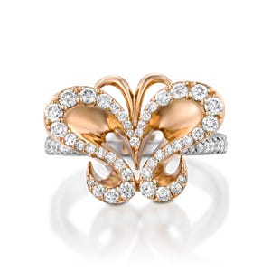 Einzigartiger Diamant Schmetterlingsring, Frauenversprechenring, 18k rosa weißer Ring, Statementring, Jahrestagsgeschenk, Art-Deco-Vintage-Stil .. Bild 2