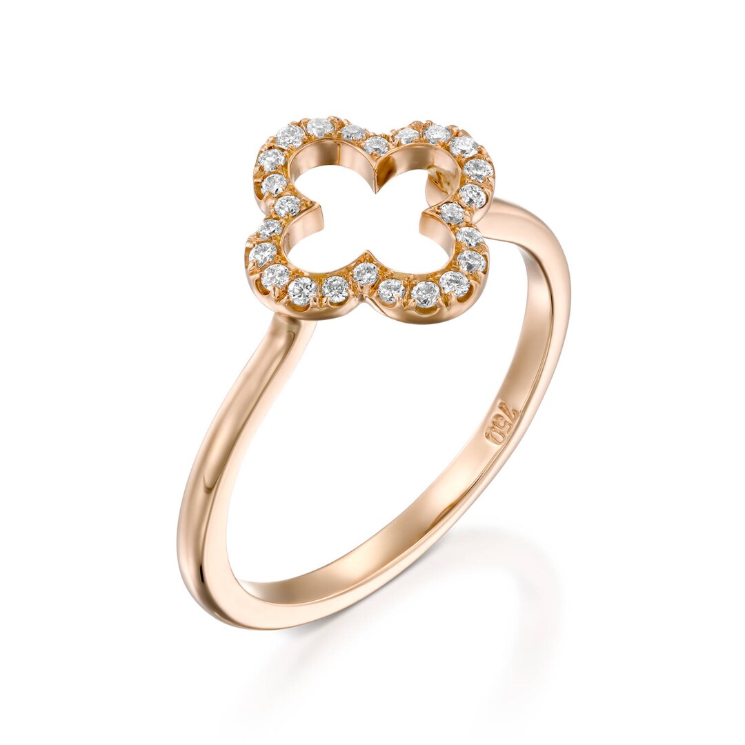 Rose Gold Lucky Love Ring, Flower Diamond Engagement Ring, Lucky Clover ...