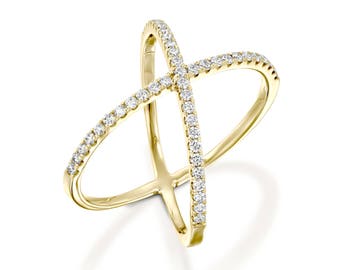 Yellow gold Criss Cross Ring X Diamond Ring, Connected Ring, Knuckle Ring, , Anniversary Bands Infinity Rings