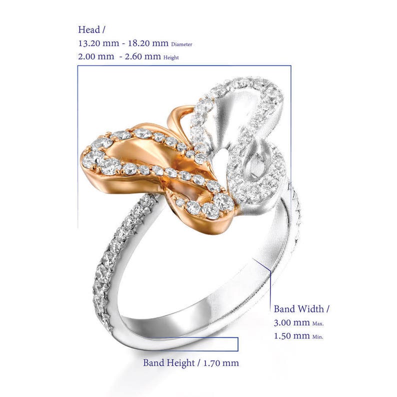 Einzigartiger Diamant Schmetterlingsring, Frauenversprechenring, 18k rosa weißer Ring, Statementring, Jahrestagsgeschenk, Art-Deco-Vintage-Stil .. Bild 7